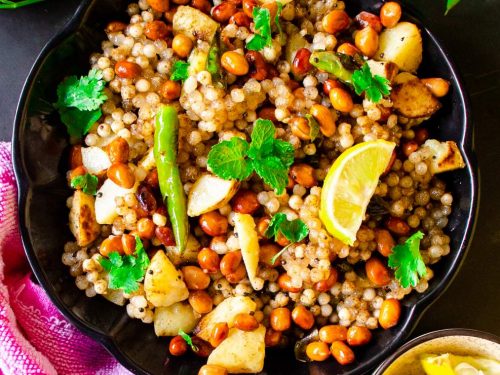 Sabudana Khichdi in a black plate