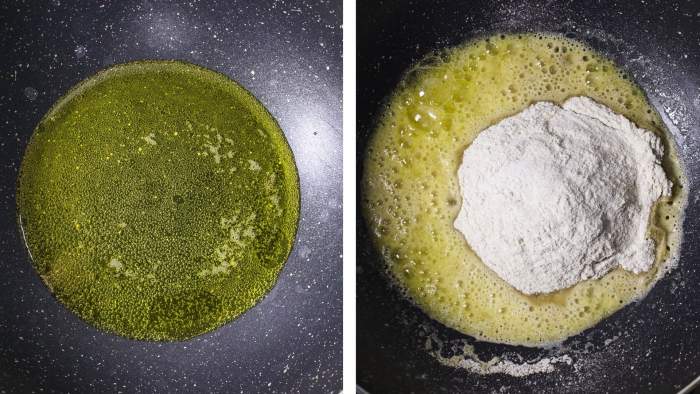 Collage with first image of ghee and second of flour added to ghee
