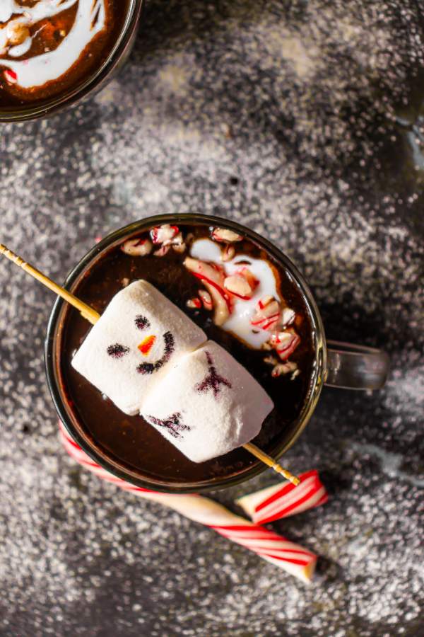 hot chocolate with marshmallow snowman on top