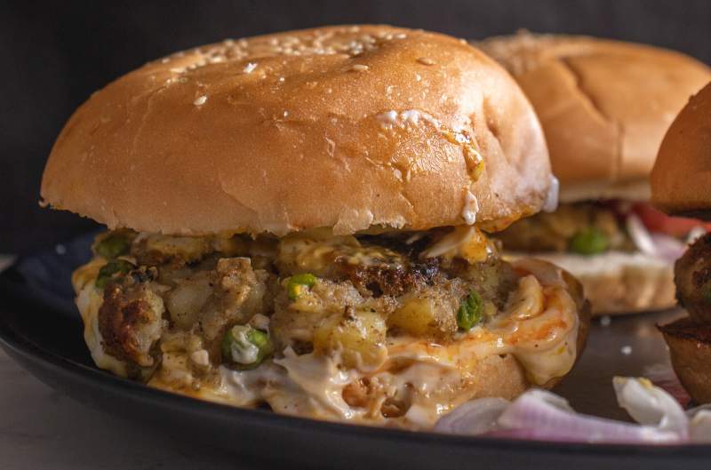 Closeup of Aloo Tikki Burger