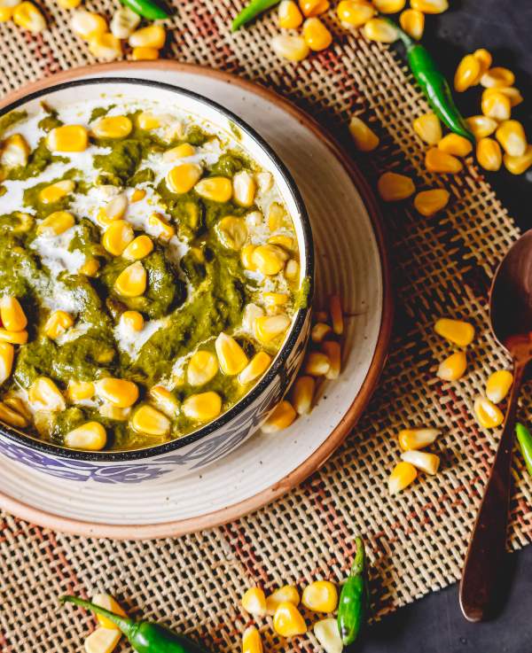 Corn Palak kept on a white plate