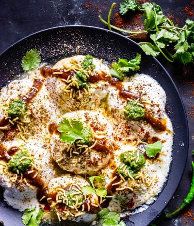 Dahi Bhalla on a black plate